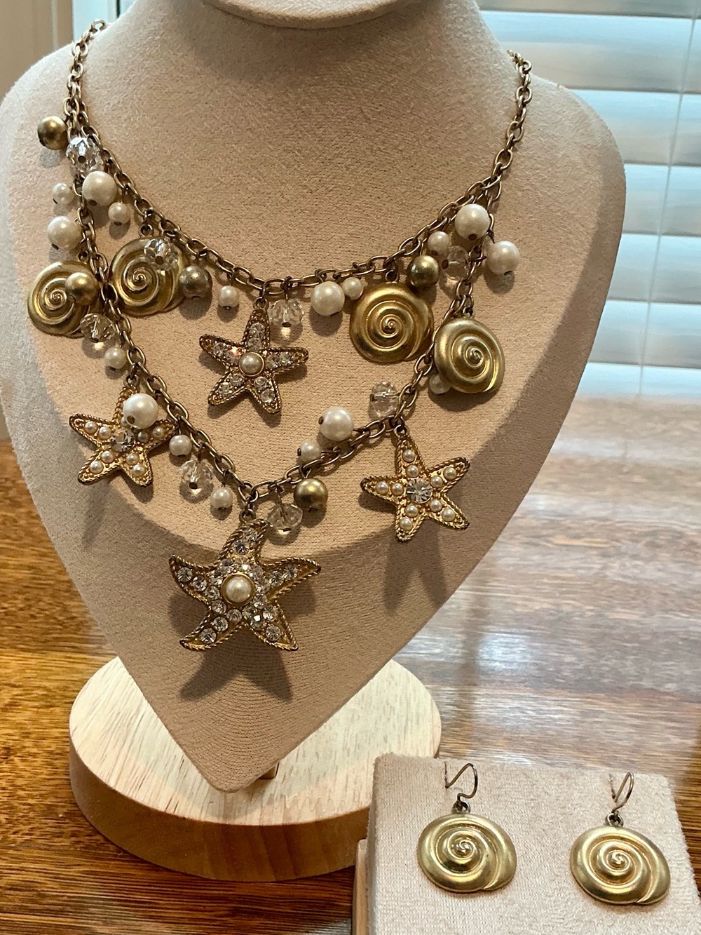 Gold and Pearl Starfish and Shell Necklace with Matching Earrings